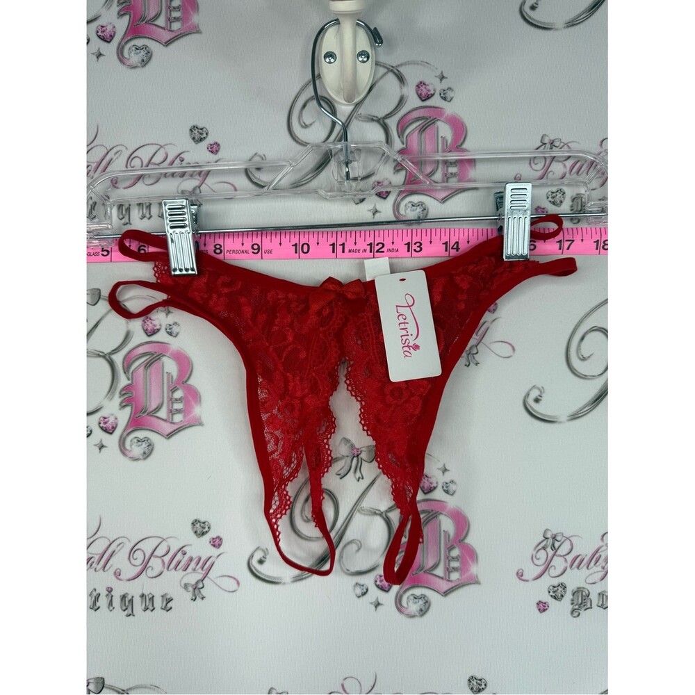 Letrista panties lace floral bow ribbon Red Lace Strappy Thong NEW